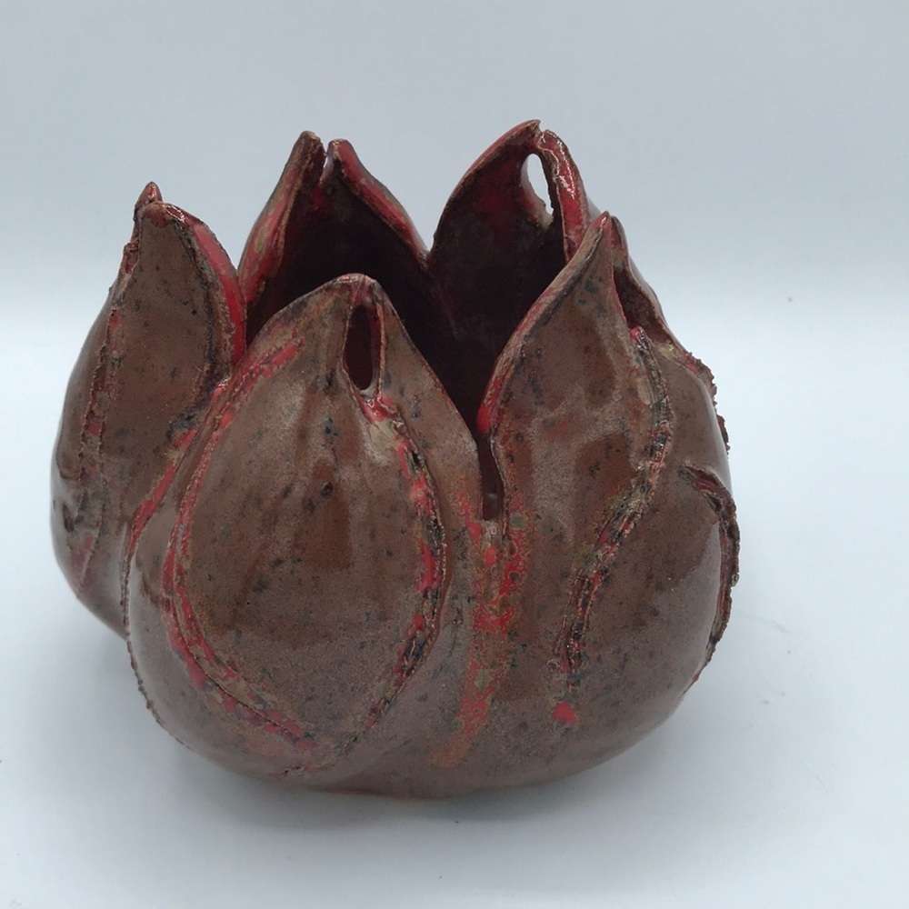 Ceramic sculpture brown and orange container artwork